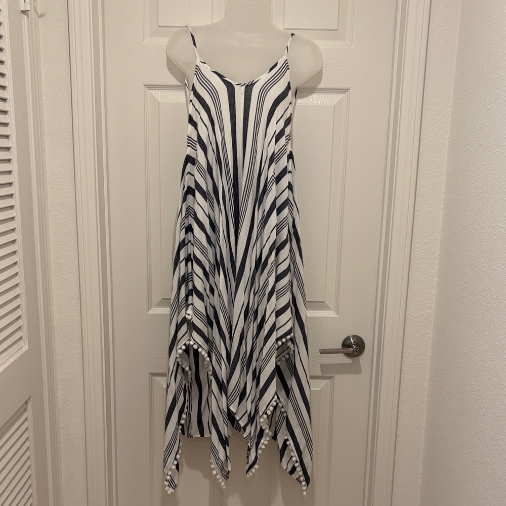Striped Handkerchief Hem Spaghetti Strap Dress - Blue & White. Hair tie included